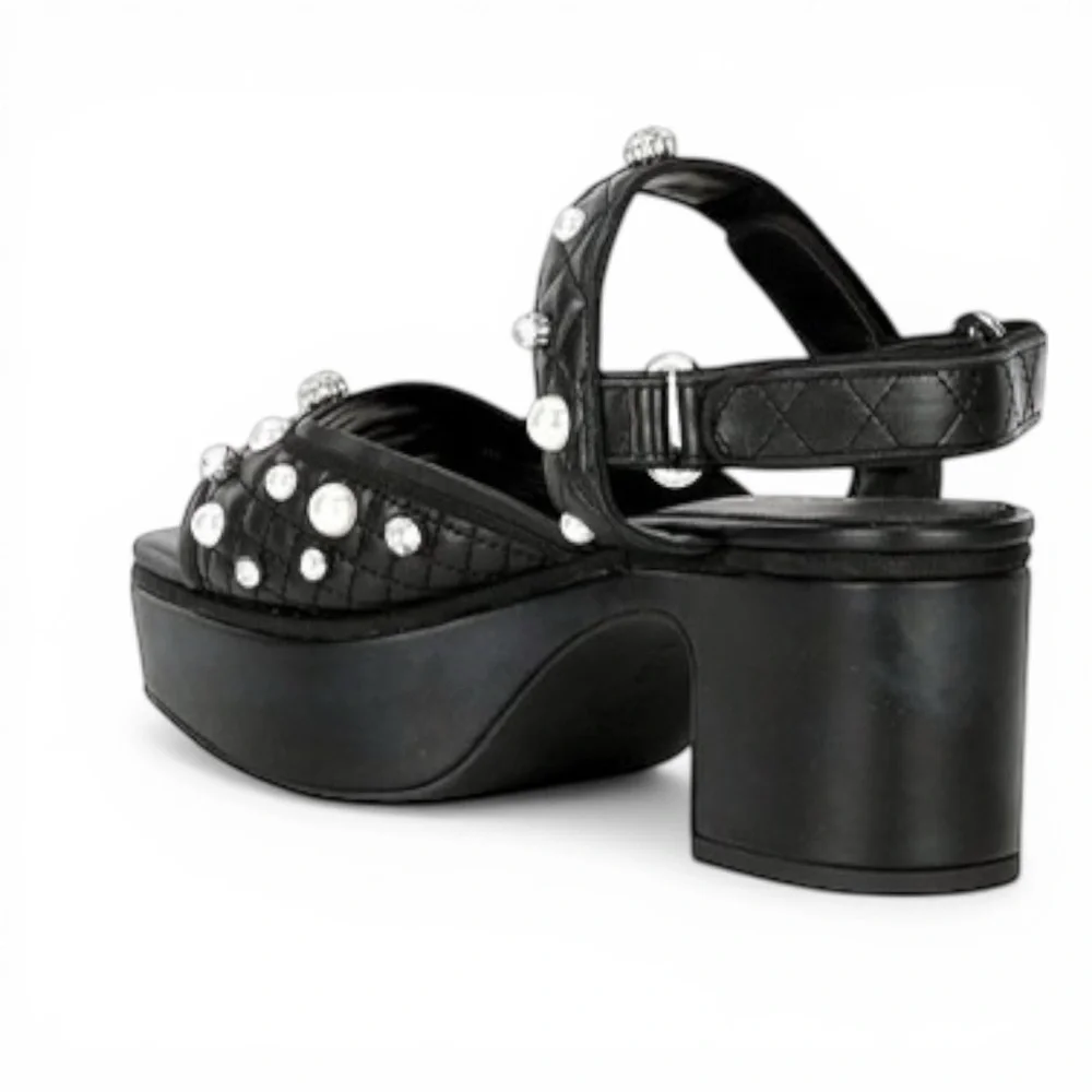 Gianni Bini Zoeyy Platform Sandals 7.5 Black Pearl Rhinestone Quilted Toe W